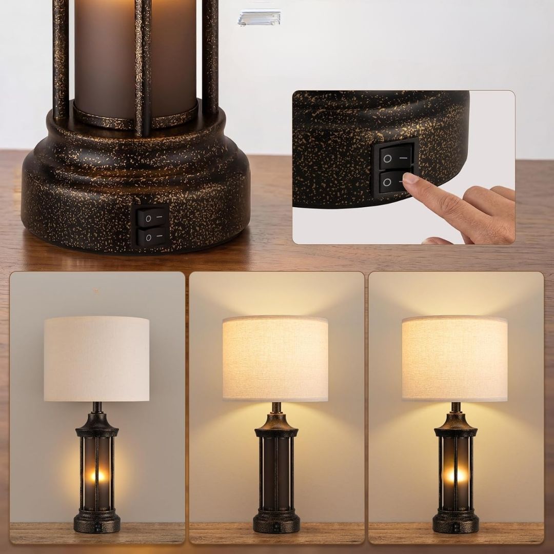 Linus – Vintage Nachttischlampe mit doppelter Beleuchtung und Stoffschirm