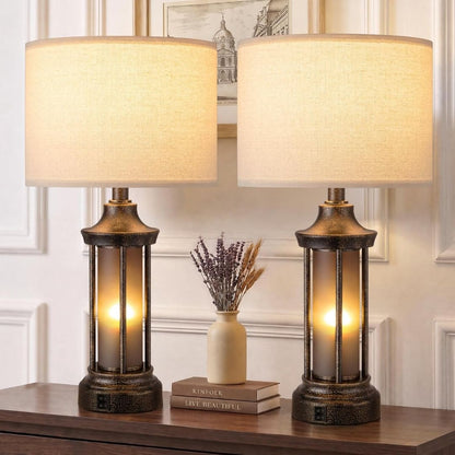 Linus – Vintage Nachttischlampe mit doppelter Beleuchtung und Stoffschirm
